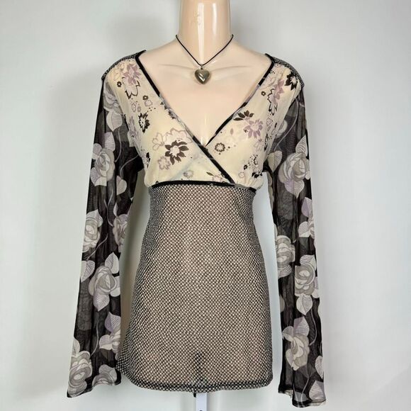 Whimsygoth Y2K Mesh Wrap Top with Floral Sleeves - Picture 2 of 6